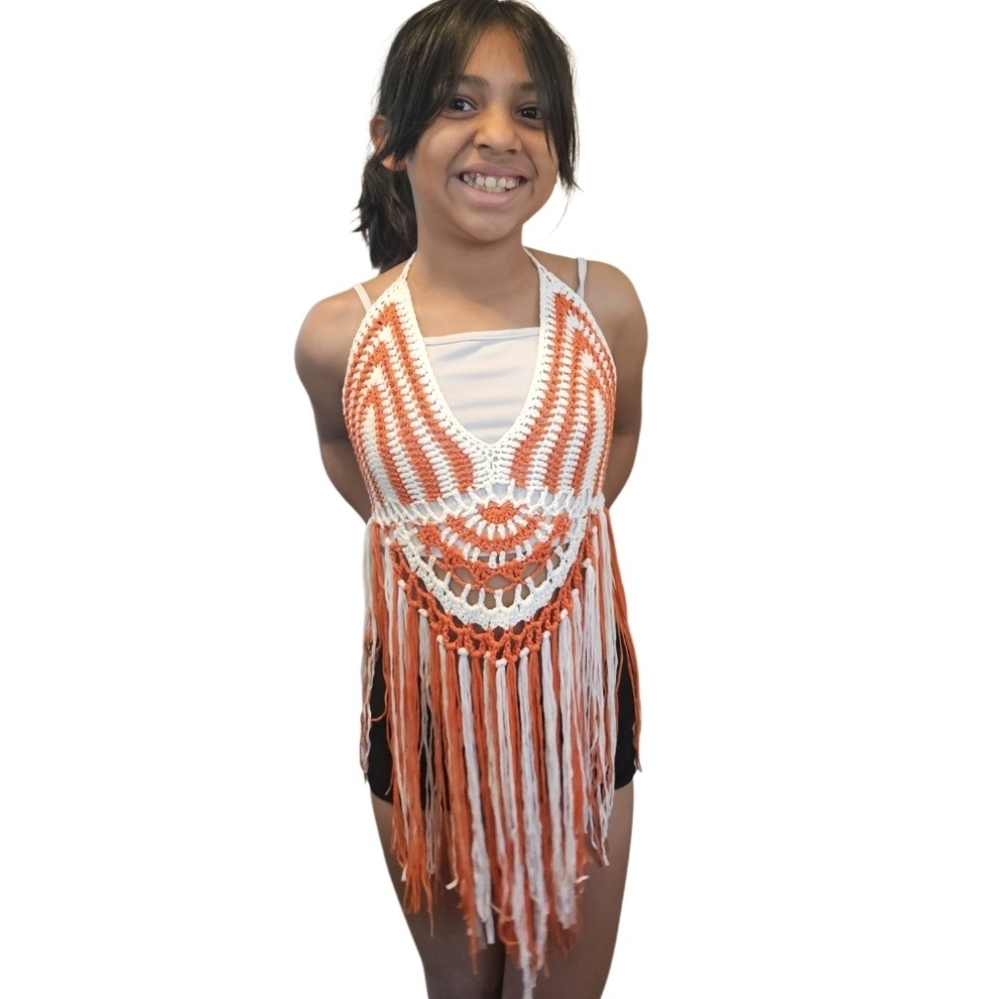 Hand Crafted Crochet Orange White Crop Top Fringe Summer - Picture 12 of 17